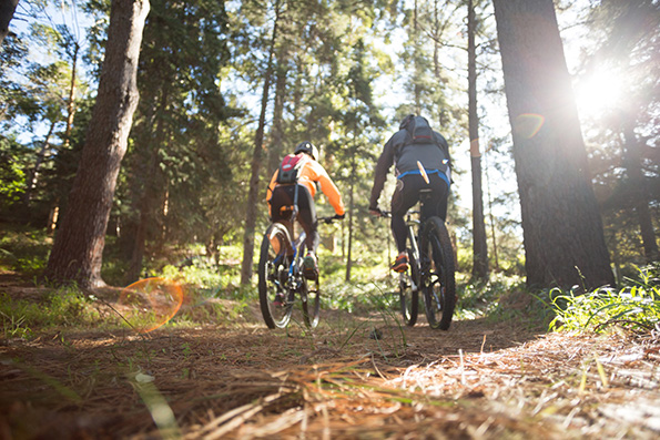 Biker couple riding mountain bike in the forest par soom cyklar i skogen