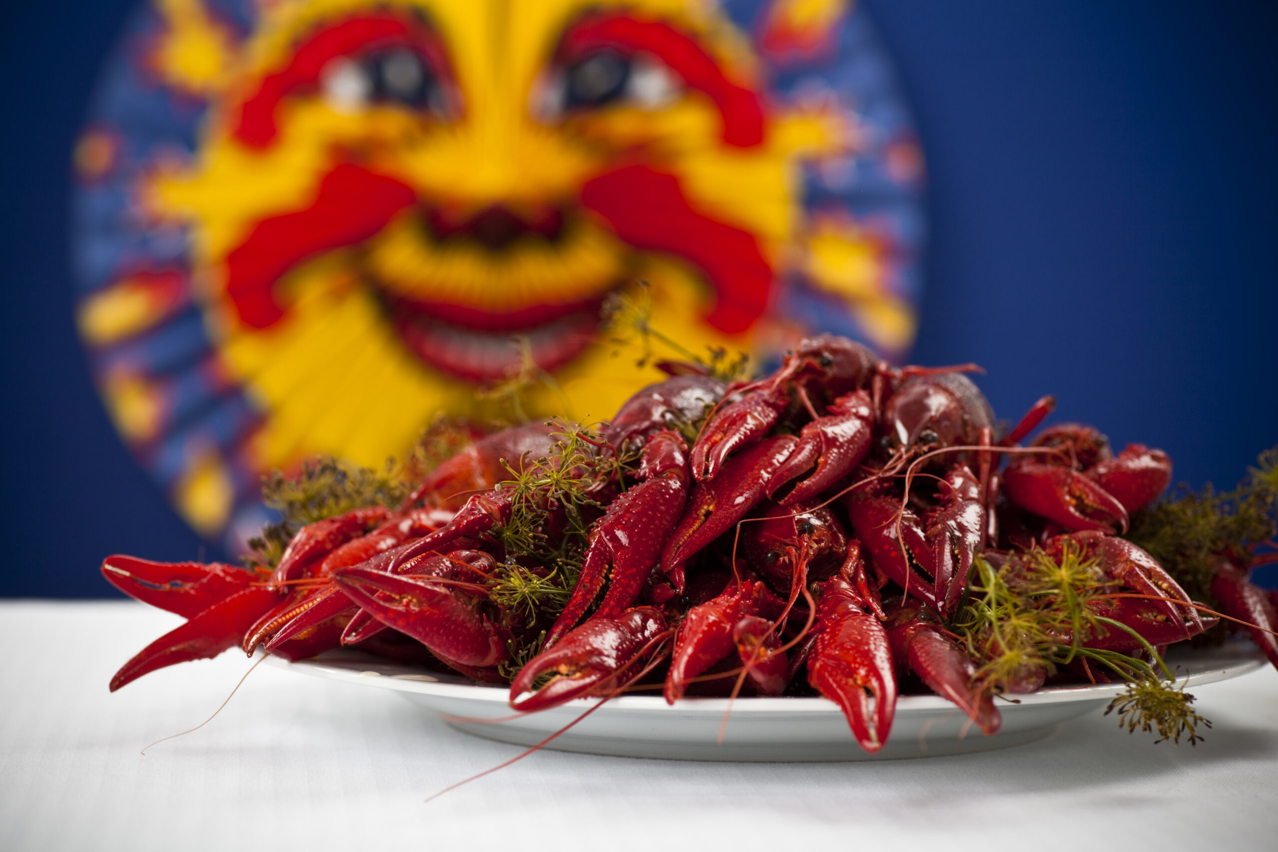 Many colorful crayfish on a plate with dill, blue background